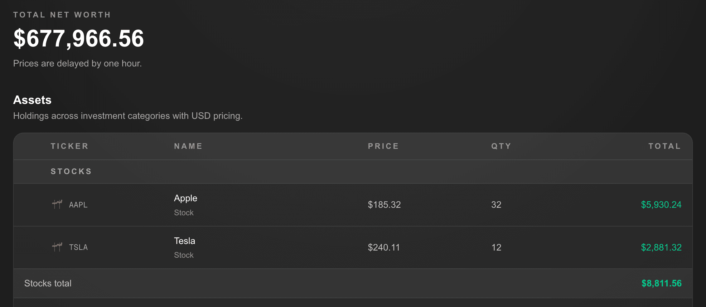My Net Worth dashboard screenshot in dark mode
